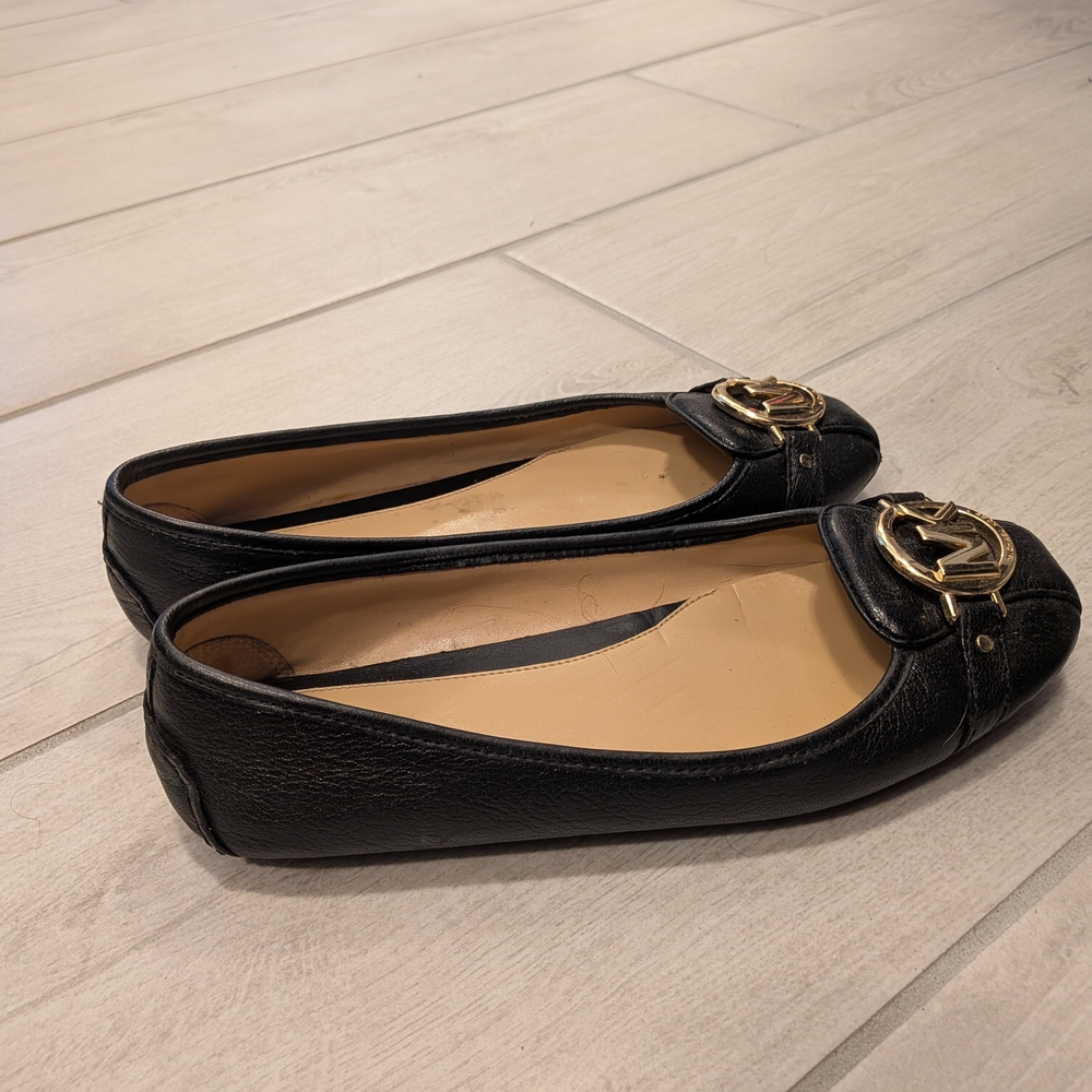Michael Kors Black Leather Women's Flats with Gold Logo